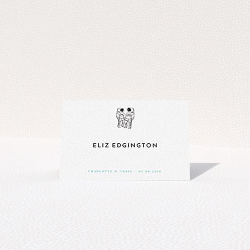 Table Place Card Design - "One small step" A table place card design named "One small step". It is an 85 x 55mm card in a landscape orientation. "One small step" is available as a folded card, with tones of white and blue.