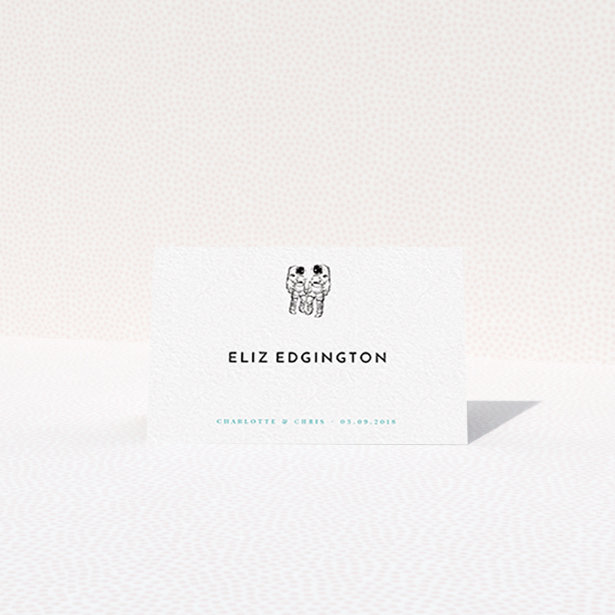 A table place card design named "One small step". It is an 85 x 55mm card in a landscape orientation. "One small step" is available as a folded card, with tones of white and blue.