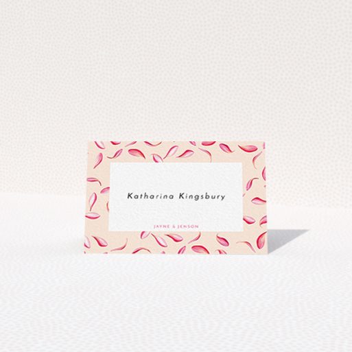 Table Place Card Design - "Petal avalanche" A table place card design named "Petal avalanche". It is an 85 x 55mm card in a landscape orientation. "Petal avalanche" is available as a folded card, with tones of pink, red and white.