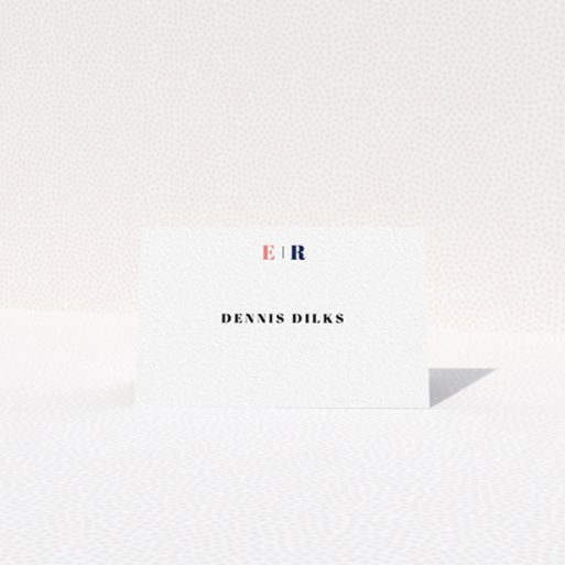 Table Place Card Design - "Pink and Blue" A table place card named "Pink and Blue". It is an 85 x 55mm card in a landscape orientation. "Pink and Blue" is available as a folded card, with tones of white and blue.