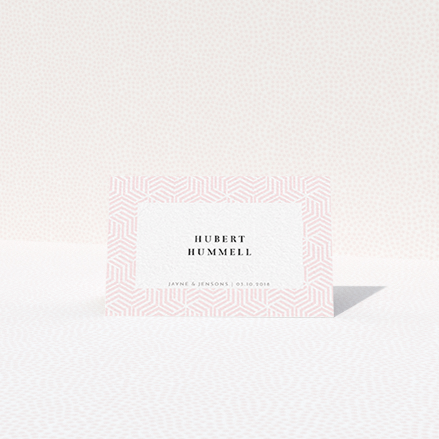 A table place card design titled "Pink Corners Pastel". It is an 85 x 55mm card in a landscape orientation. "Pink Corners Pastel" is available as a folded card, with tones of pink and white.