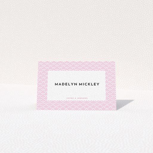 Table Place Card Design - "Pink Fans" A table place card called "Pink Fans". It is an 85 x 55mm card in a landscape orientation. "Pink Fans" is available as a folded card, with tones of pink and white.