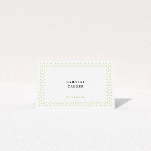 Table Place Card Design - "Polka-dot Splatter" A table place card named "Polka-dot Splatter". It is an 85 x 55mm card in a landscape orientation. "Polka-dot Splatter" is available as a folded card, with tones of gold and white.