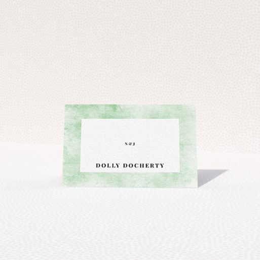 Table Place Card Design - "Rustic Green" A table place card called "Rustic Green". It is an 85 x 55mm card in a landscape orientation. "Rustic Green" is available as a folded card, with tones of green and white.