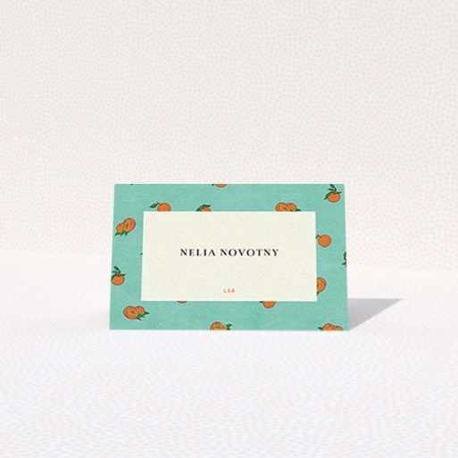 Table Place Card Design - "Seville" A table place card design called "Seville". It is an 85 x 55mm card in a landscape orientation. "Seville" is available as a folded card, with tones of green and orange.