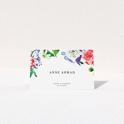 Table Place Card Design - "The flowerbed" A table place card design called "The flowerbed". It is an 85 x 55mm card in a landscape orientation. "The flowerbed" is available as a folded card, with tones of white and green.