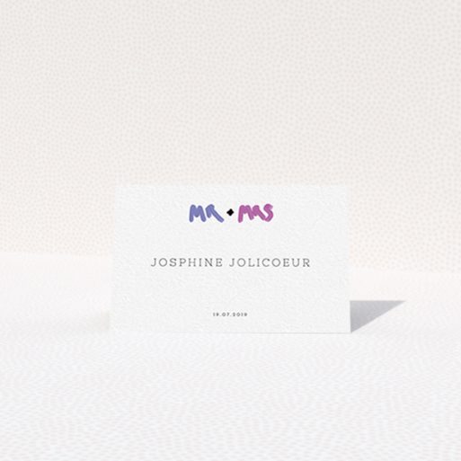 Table Place Card Design - "The New Mr and Mrs" A table place card design named "The New Mr and Mrs". It is an 85 x 55mm card in a landscape orientation. "The New Mr and Mrs" is available as a folded card, with tones of white and blue.