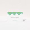 A table place card named "Vibrant Peaks". It is an 85 x 55mm card in a landscape orientation. "Vibrant Peaks" is available as a folded card, with tones of green and white.