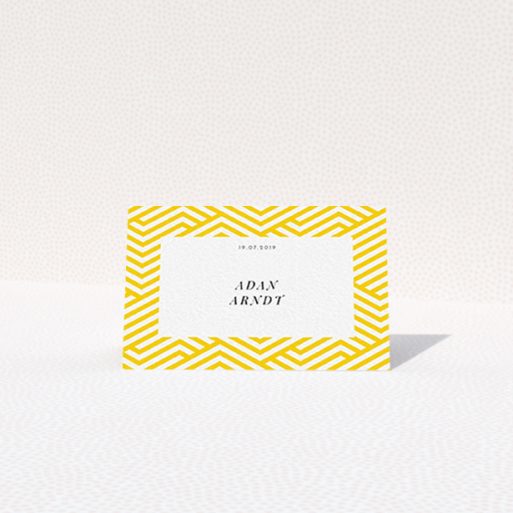 Table Place Card Design - "Yellow lines" A table place card named "Yellow lines". It is an 85 x 55mm card in a landscape orientation. "Yellow lines" is available as a folded card, with tones of yellow and white.