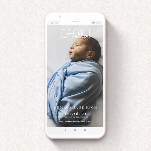 Text Message Birth Announcement Design - "Brighton Pier" A text message birth announcement called "Brighton Pier". It is a smartphone screen sized announcement in a portrait orientation. It is a photographic text message birth announcement with room for 1 photo. "Brighton Pier" is available as a flat announcement, with mainly white colouring.