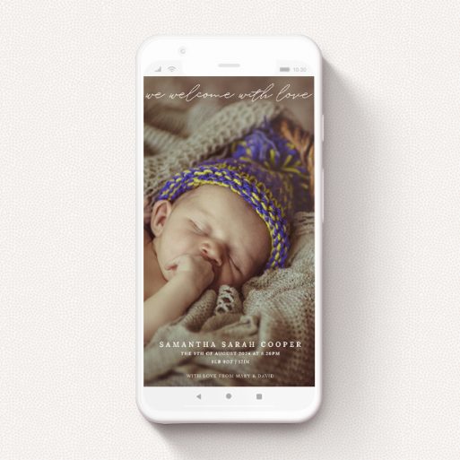 Text Message Birth Announcement Design - "Maddox Street" A text message birth announcement design named "Maddox Street". It is a smartphone screen sized announcement in a portrait orientation. It is a photographic text message birth announcement with room for 1 photo. "Maddox Street" is available as a flat announcement, with mainly white colouring.