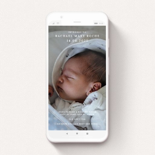 Text Message Birth Announcement Design - "Modern Formality" A text message birth announcement called "Modern Formality". It is a smartphone screen sized announcement in a portrait orientation. It is a photographic text message birth announcement with room for 1 photo. "Modern Formality" is available as a flat announcement, with mainly white colouring.