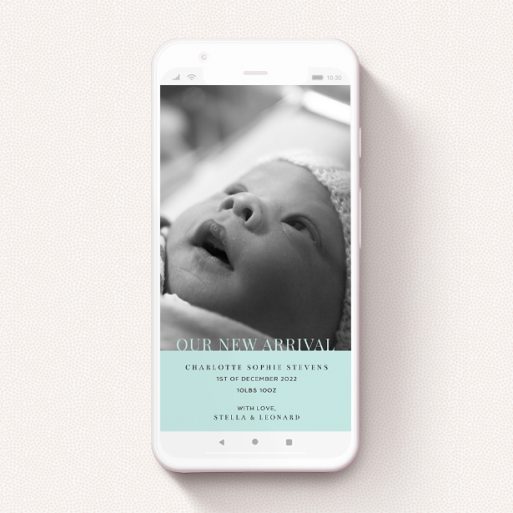 Text Message Birth Announcement Design - "Our New Arrival" A text message birth announcement design named "Our New Arrival". It is a smartphone screen sized announcement in a portrait orientation. It is a photographic text message birth announcement with room for 1 photo. "Our New Arrival" is available as a flat announcement, with tones of green and white.