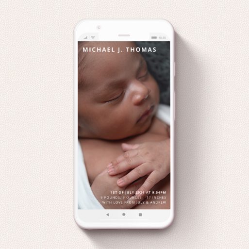 Text Message Birth Announcement Design - "Sans Serif" A text message birth announcement design named "Sans Serif". It is a smartphone screen sized announcement in a portrait orientation. It is a photographic text message birth announcement with room for 1 photo. "Sans Serif" is available as a flat announcement, with mainly white colouring.