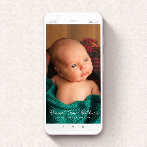 Text Message Birth Announcement Design - "Soho Script" A text message birth announcement design titled "Soho Script". It is a smartphone screen sized announcement in a portrait orientation. It is a photographic text message birth announcement with room for 1 photo. "Soho Script" is available as a flat announcement, with mainly white colouring.
