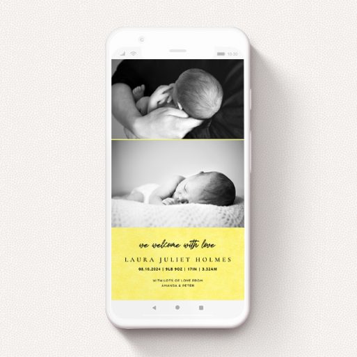 Text Message Birth Announcement Design - "Sunny Thirds" A text message birth announcement design titled "Sunny Thirds". It is a smartphone screen sized announcement in a portrait orientation. It is a photographic text message birth announcement with room for 2 photos. "Sunny Thirds" is available as a flat announcement, with mainly yellow colouring.