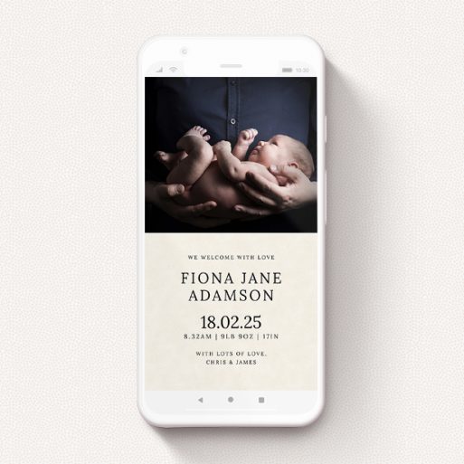 Text Message Birth Announcement Design - "Top and Bottom" A text message birth announcement called "Top and Bottom". It is a smartphone screen sized announcement in a portrait orientation. It is a photographic text message birth announcement with room for 1 photo. "Top and Bottom" is available as a flat announcement, with mainly dark cream colouring.