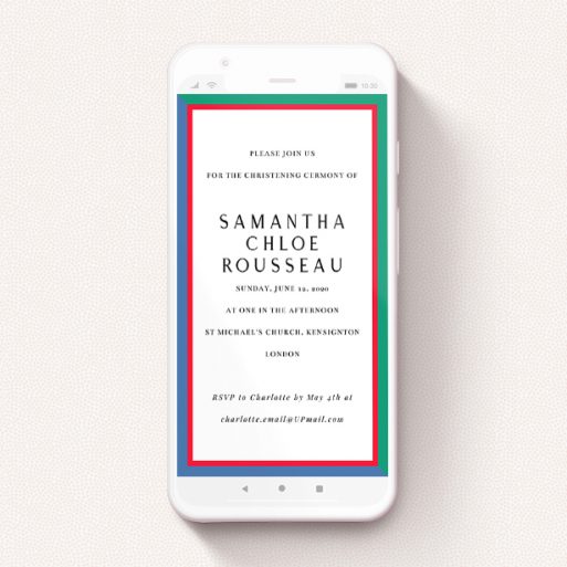 Text Message Christening Invite Design - "Bold Border" A text message christening invite design named "Bold Border". It is a smartphone screen sized invite in a portrait orientation. "Bold Border" is available as a flat invite, with mainly green colouring.