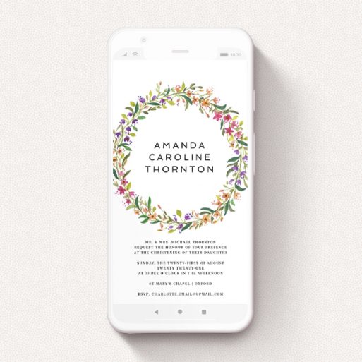 Text Message Christening Invite Design - "Bright Summer Wreath" A text message christening invite design titled "Bright Summer Wreath". It is a smartphone screen sized invite in a portrait orientation. "Bright Summer Wreath" is available as a flat invite, with tones of light green and orange.