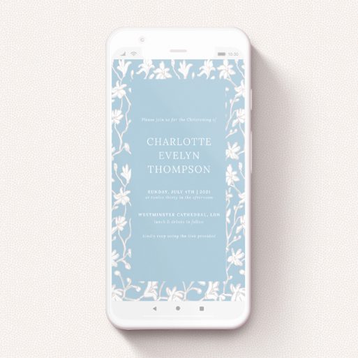 Text Message Christening Invite Design - "Floral Wall" A text message christening invite called "Floral Wall". It is a smartphone screen sized invite in a portrait orientation. "Floral Wall" is available as a flat invite, with tones of blue and white.