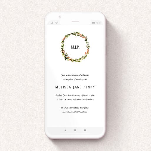 Text Message Christening Invite Design - "Monogram Wreath" A text message christening invite called "Monogram Wreath". It is a smartphone screen sized invite in a portrait orientation. "Monogram Wreath" is available as a flat invite, with tones of white and green.