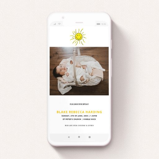 Text Message Christening Invite Design - "Smiling Sun" A text message christening invite called "Smiling Sun". It is a smartphone screen sized invite in a portrait orientation. It is a photographic text message christening invite with room for 1 photo. "Smiling Sun" is available as a flat invite, with tones of white and yellow.