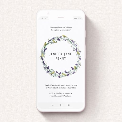 Text Message Christening Invite Design - "Songbirds" A text message christening invite design titled "Songbirds". It is a smartphone screen sized invite in a portrait orientation. "Songbirds" is available as a flat invite, with tones of off-white and dark green.