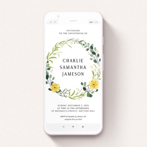 Text Message Christening Invite Design - "Spring Wreath" A text message christening invite design named "Spring Wreath". It is a smartphone screen sized invite in a portrait orientation. "Spring Wreath" is available as a flat invite, with tones of light green, dark green and yellow.