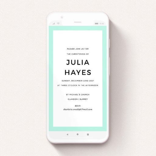 Text Message Christening Invite Design - "Thin Mint Green" A text message christening invite design titled "Thin Mint Green". It is a smartphone screen sized invite in a portrait orientation. "Thin Mint Green" is available as a flat invite, with tones of green and white.