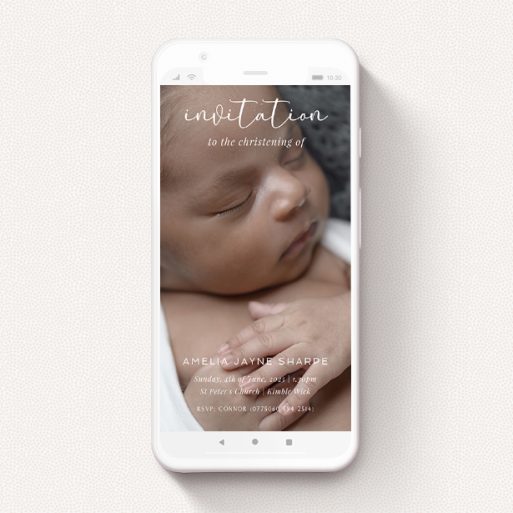 Text Message Christening Invite Design - "Type Mix" A text message christening invite called "Type Mix". It is a smartphone screen sized invite in a portrait orientation. It is a photographic text message christening invite with room for 1 photo. "Type Mix" is available as a flat invite, with mainly white colouring.