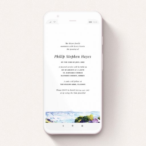 Text Message Funeral Announcement Design - "Countryside" A text message funeral announcement named "Countryside". It is a smartphone screen sized announcement in a portrait orientation. "Countryside" is available as a flat announcement, with tones of white and light blue.