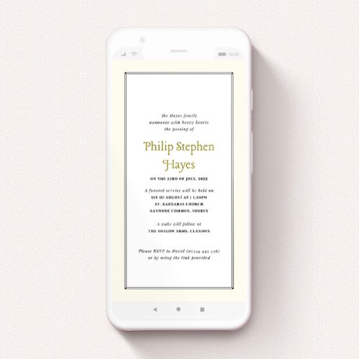 Text Message Funeral Announcement Design - "Deco Cream" A text message funeral announcement design named "Deco Cream". It is a smartphone screen sized announcement in a portrait orientation. "Deco Cream" is available as a flat announcement, with mainly cream colouring.