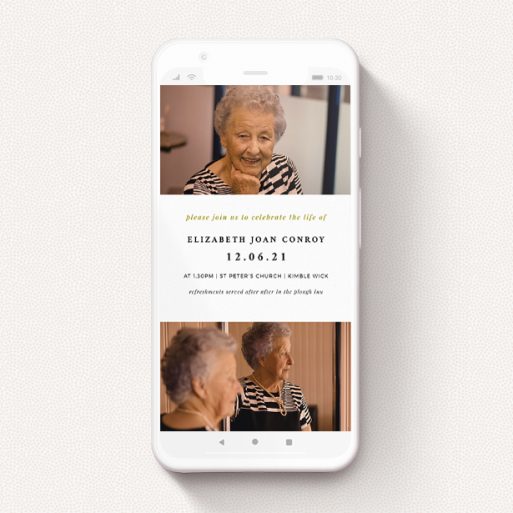 Text Message Funeral Announcement Design - "Sandwiched" A text message funeral announcement design named "Sandwiched". It is a smartphone screen sized announcement in a portrait orientation. It is a photographic text message funeral announcement with room for 2 photos. "Sandwiched" is available as a flat announcement, with tones of blue and white.