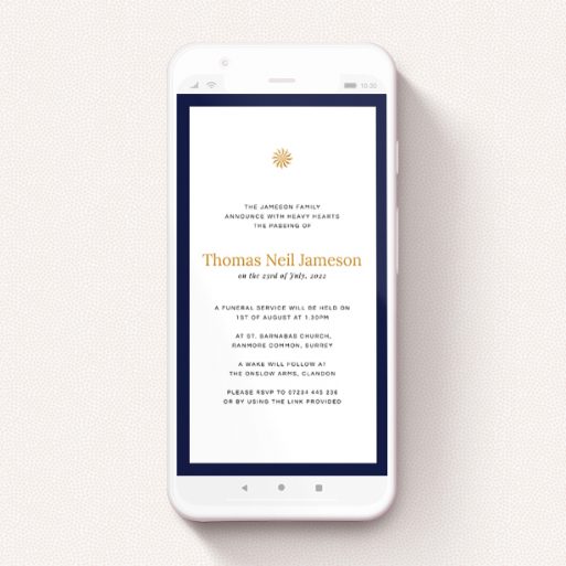 Text Message Funeral Announcement Design - "Thick Blue" A text message funeral announcement design named "Thick Blue". It is a smartphone screen sized announcement in a portrait orientation. "Thick Blue" is available as a flat announcement, with tones of navy blue and white.