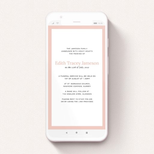 Text Message Funeral Announcement Design - "Thick Pink" A text message funeral announcement design named "Thick Pink". It is a smartphone screen sized announcement in a portrait orientation. "Thick Pink" is available as a flat announcement, with tones of pink and white.