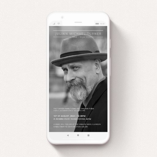 Text Message Funeral Announcement Design - "Top and Tail" A text message funeral announcement named "Top and Tail". It is a smartphone screen sized announcement in a portrait orientation. It is a photographic text message funeral announcement with room for 1 photo. "Top and Tail" is available as a flat announcement, with mainly white colouring.