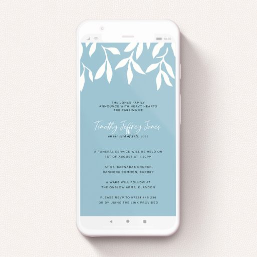 Text Message Funeral Announcement Design - "White Ivy" A text message funeral announcement named "White Ivy". It is a smartphone screen sized announcement in a portrait orientation. "White Ivy" is available as a flat announcement, with tones of blue and white.