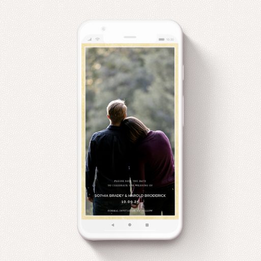 Text Message Save The Date Design - "Framed Up" A text message save the date design titled "Framed Up". It is a smartphone screen sized save the date in a portrait orientation. It is a photographic text message save the date with room for 1 photo. "Framed Up" is available as a flat save the date, with mainly gold colouring.