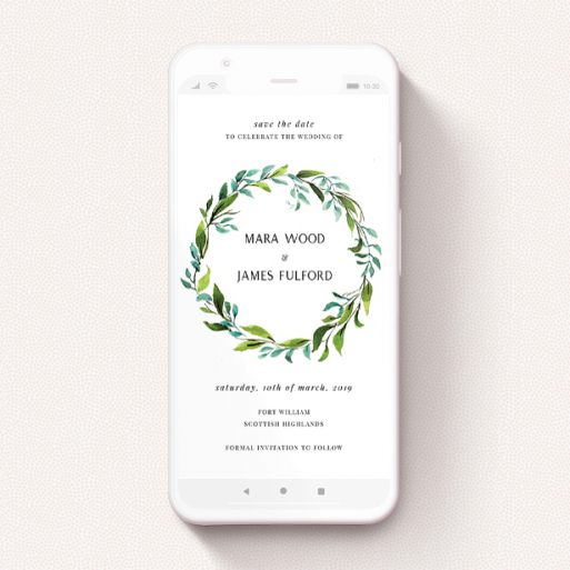 Text Message Save The Date Design - "Greek Wreath" A text message save the date called "Greek Wreath". It is a smartphone screen sized save the date in a portrait orientation. "Greek Wreath" is available as a flat save the date, with tones of blue and green.