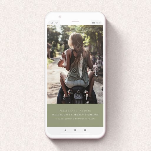 Text Message Save The Date Design - "Humbolt Street" A text message save the date called "Humbolt Street". It is a smartphone screen sized save the date in a portrait orientation. It is a photographic text message save the date with room for 1 photo. "Humbolt Street" is available as a flat save the date, with tones of green and white.