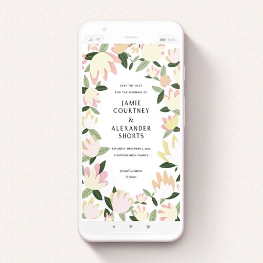 Text Message Save The Date Design - "Modern Floral" A text message save the date design titled "Modern Floral". It is a smartphone screen sized save the date in a portrait orientation. "Modern Floral" is available as a flat save the date, with tones of cream, yellow and light green.