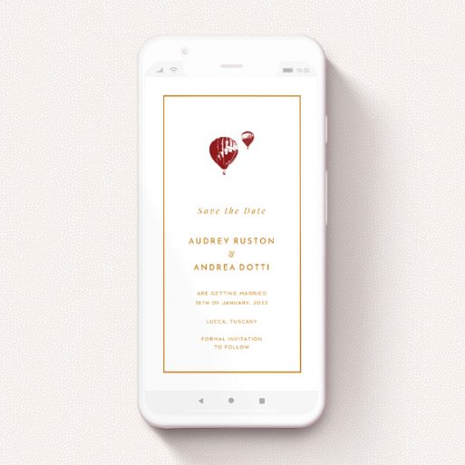 Text Message Save The Date Design - "Off and away" A text message save the date design titled "Off and away". It is a smartphone screen sized save the date in a portrait orientation. "Off and away" is available as a flat save the date, with tones of white and orange.