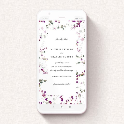 Text Message Save The Date Design - "Purple Lupine" A text message save the date design titled "Purple Lupine". It is a smartphone screen sized save the date in a portrait orientation. "Purple Lupine" is available as a flat save the date, with tones of white and purple.