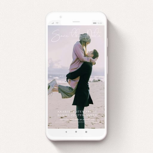 Text Message Save The Date Design - "Westminster" A text message save the date design titled "Westminster". It is a smartphone screen sized save the date in a portrait orientation. It is a photographic text message save the date with room for 1 photo. "Westminster" is available as a flat save the date, with mainly white colouring.