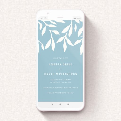 Text Message Save The Date Design - "Winter bloom " A text message save the date design named "Winter bloom ". It is a smartphone screen sized save the date in a portrait orientation. "Winter bloom " is available as a flat save the date, with tones of blue and white.