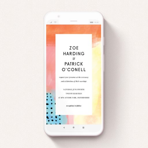 Text Message Wedding Invite Design - "Abstract Colours" A text message wedding invite design titled "Abstract Colours". It is a smartphone screen sized invite in a portrait orientation. "Abstract Colours" is available as a flat invite, with tones of orange, red and yellow.