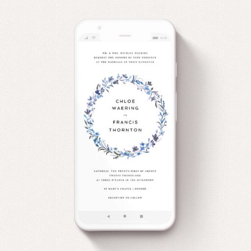 Text Message Wedding Invite Design - "Blue Floral Wreath" A text message wedding invite design named "Blue Floral Wreath". It is a smartphone screen sized invite in a portrait orientation. "Blue Floral Wreath" is available as a flat invite, with tones of light blue, purple and grey.