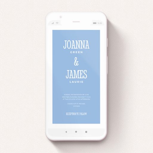Text Message Wedding Invite Design - "Bold border" A text message wedding invite called "Bold border". It is a smartphone screen sized invite in a portrait orientation. "Bold border" is available as a flat invite, with tones of blue and white.