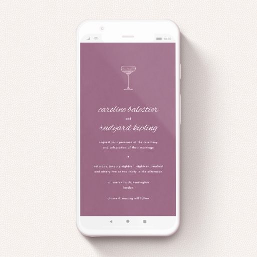 Text Message Wedding Invite Design - "Coupe " A text message wedding invite design titled "Coupe ". It is a smartphone screen sized invite in a portrait orientation. "Coupe " is available as a flat invite, with mainly purple/dark pink colouring.