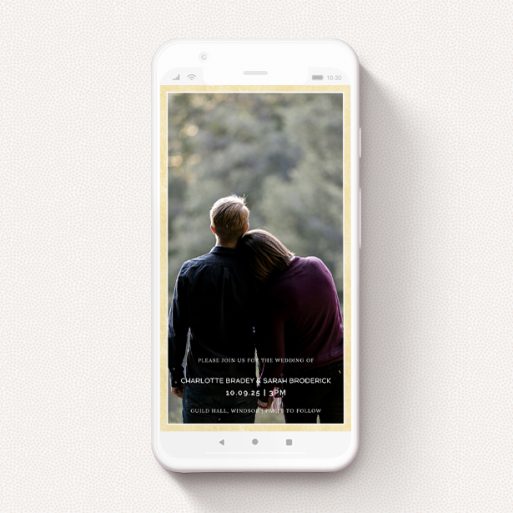 Text Message Wedding Invite Design - "Framed Up" A text message wedding invite design named "Framed Up". It is a smartphone screen sized invite in a portrait orientation. It is a photographic text message wedding invite with room for 1 photo. "Framed Up" is available as a flat invite, with mainly yellow colouring.